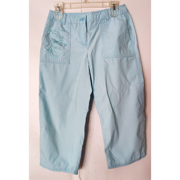 IZOD Women's Cargo Capri Cropped Pants Rhinestone Pocket Sky Blue Size 2 - Picture 1 of 5